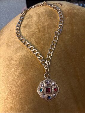 Gold-Tone Chain Necklace with Multicolor Gemstone Medallion
